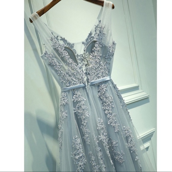 Long Tulle Appliqué Sequin Beaded Prom Dress - Picture 4 of 7